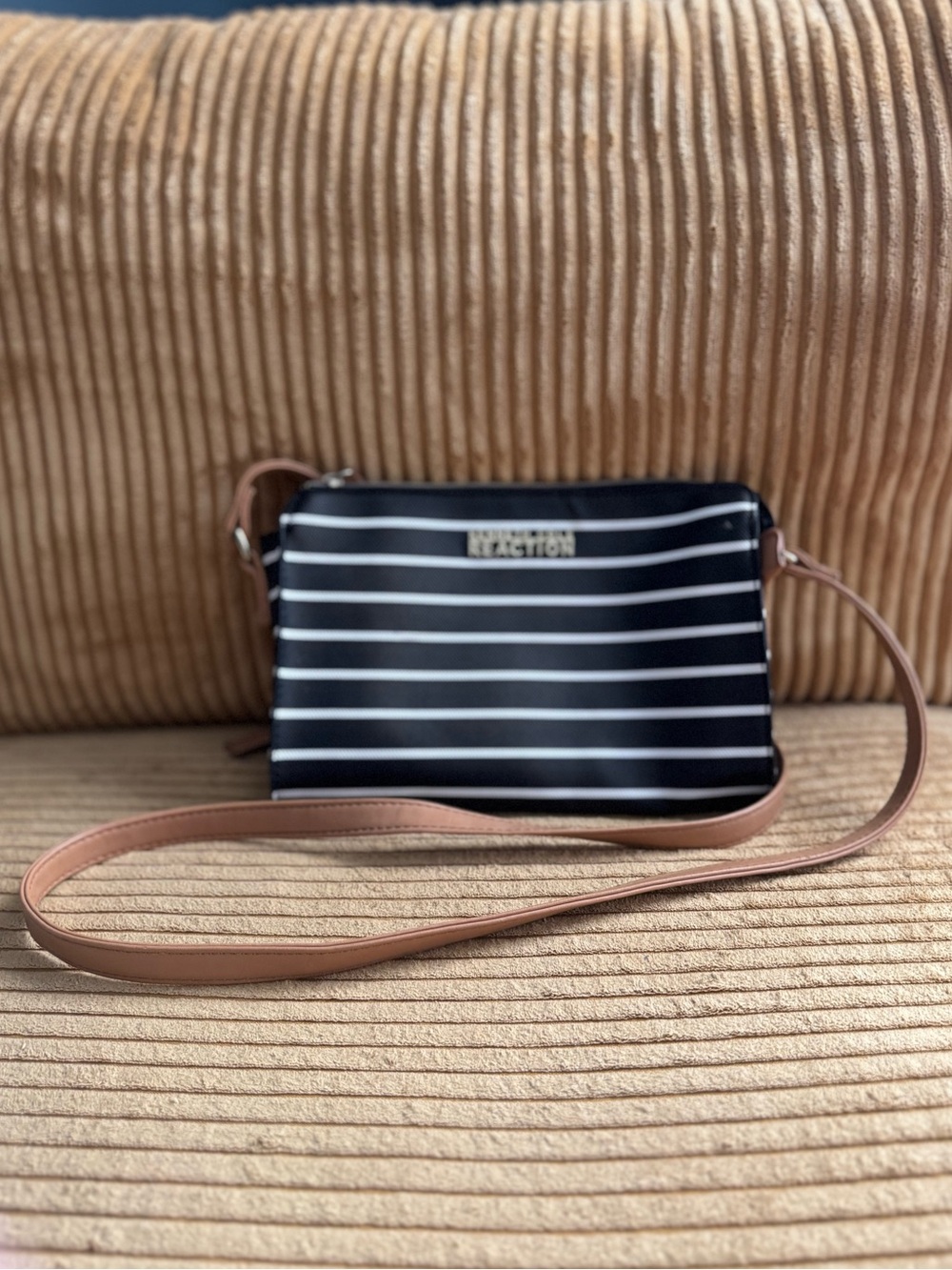 Kenneth Cole Reaction Black and White Striped Crossbody Bag